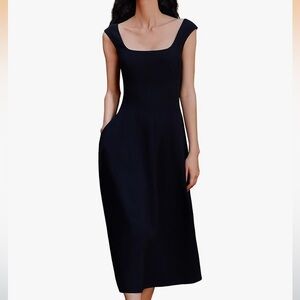 Chic Black Midi Dress Square Neck Sleeveless Pockets L